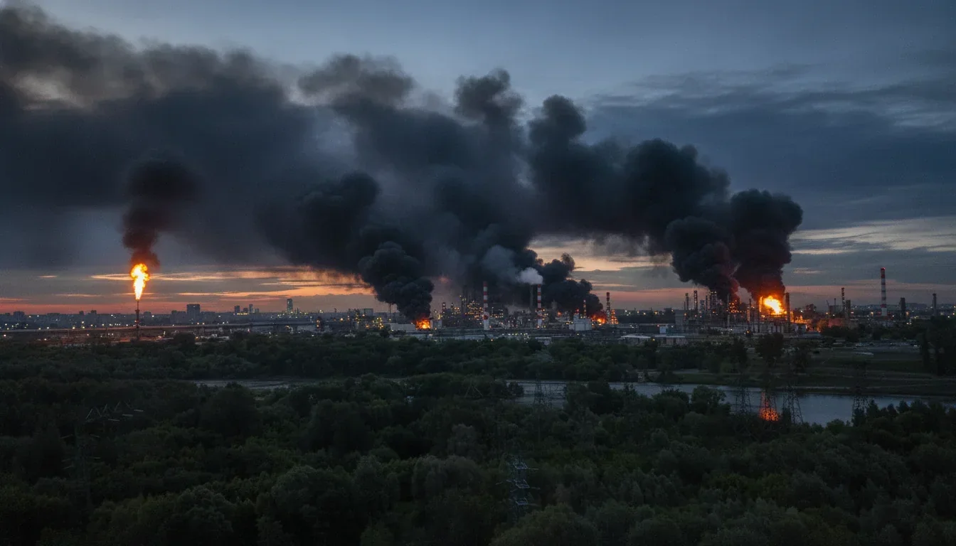 Російський НПЗ у вогні з чорним димом після атаки дронів