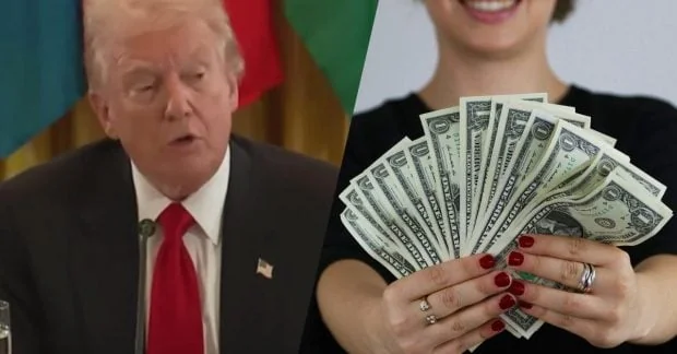 Дональд Трамп і руки з доларами на тлі доходу 2,2 млрд від криптоугод