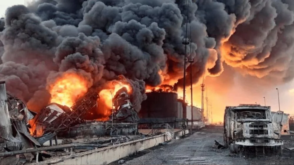 Палаючий Омський НПЗ Газпромнефть після удару українських дронів