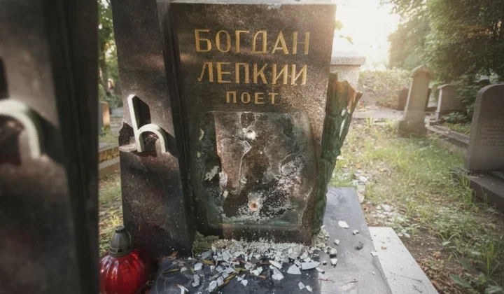 Пошкоджена могила Богдана Лепкого з викраденим барельєфом у Кракові